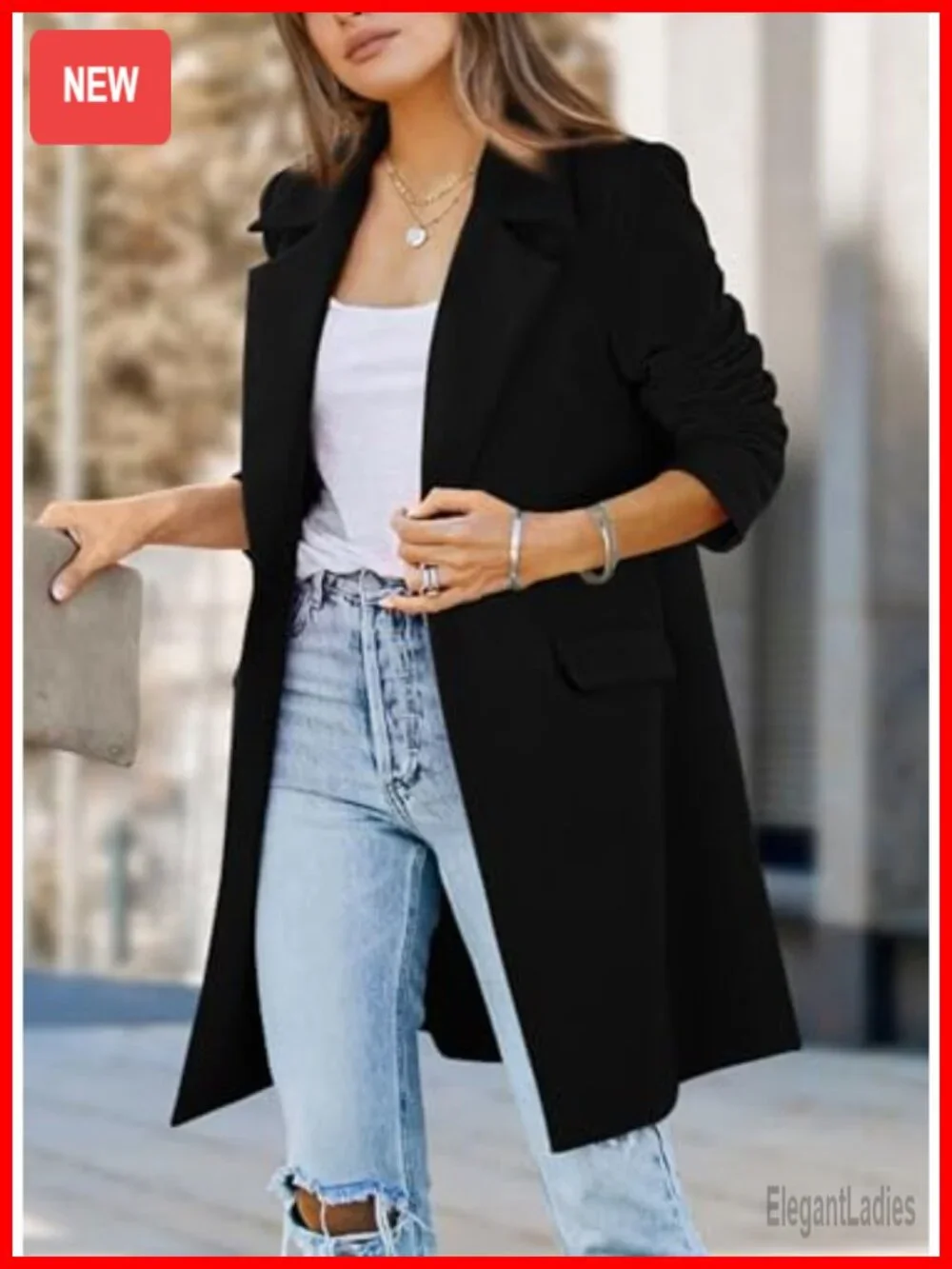 Womens Business Casual Long Blazer Jacket Notch Lapel Padded Shoulder Loose Fit